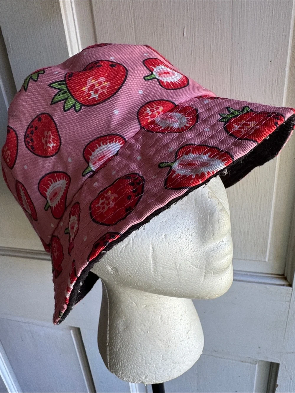 Pink Strawberry Print Bucket Hat